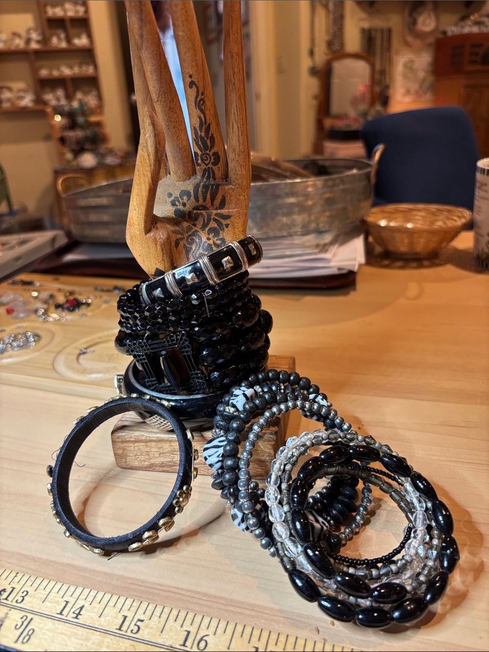 Stack of Black Beaded and Thread wrapped Bracelets